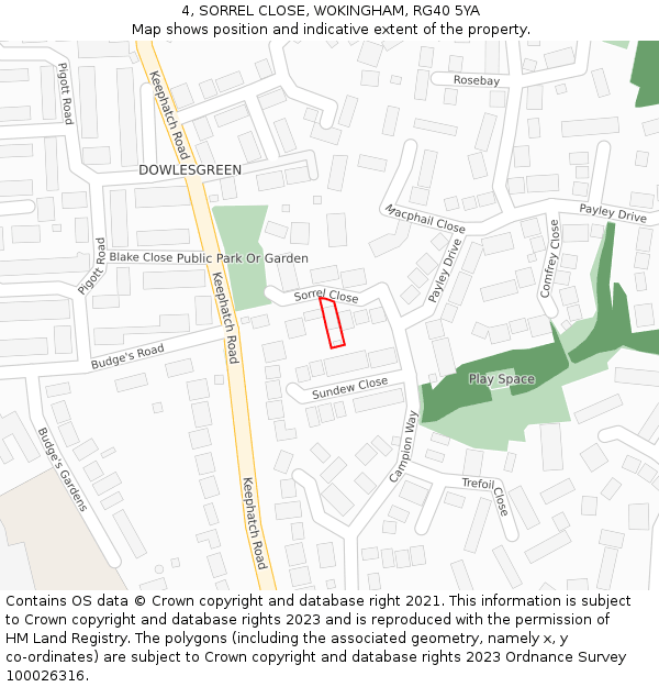 4, SORREL CLOSE, WOKINGHAM, RG40 5YA: Location map and indicative extent of plot