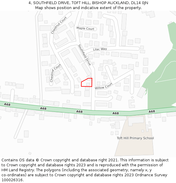 4, SOUTHFIELD DRIVE, TOFT HILL, BISHOP AUCKLAND, DL14 0JN: Location map and indicative extent of plot