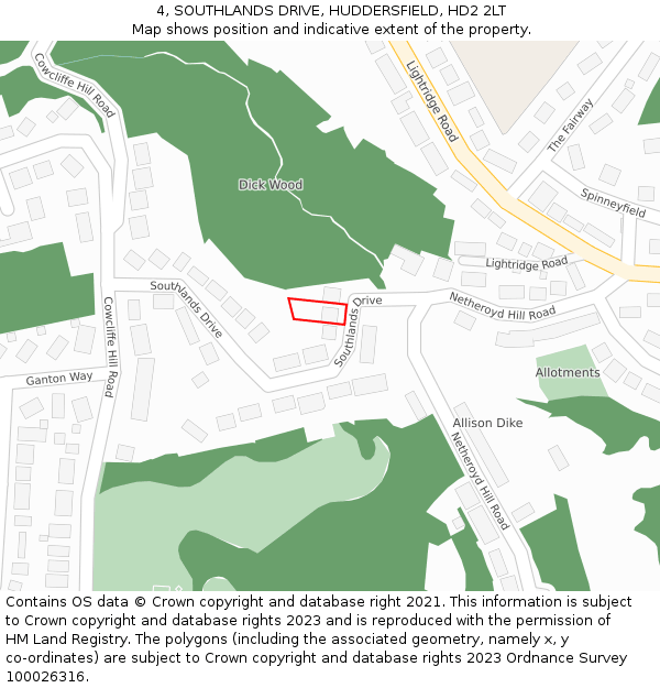 4, SOUTHLANDS DRIVE, HUDDERSFIELD, HD2 2LT: Location map and indicative extent of plot