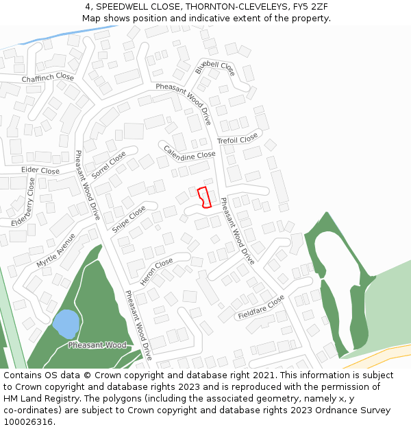 4, SPEEDWELL CLOSE, THORNTON-CLEVELEYS, FY5 2ZF: Location map and indicative extent of plot