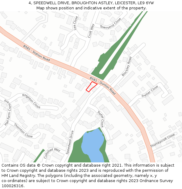 4, SPEEDWELL DRIVE, BROUGHTON ASTLEY, LEICESTER, LE9 6YW: Location map and indicative extent of plot