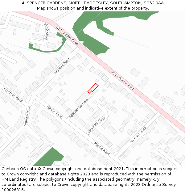 4, SPENCER GARDENS, NORTH BADDESLEY, SOUTHAMPTON, SO52 9AA: Location map and indicative extent of plot