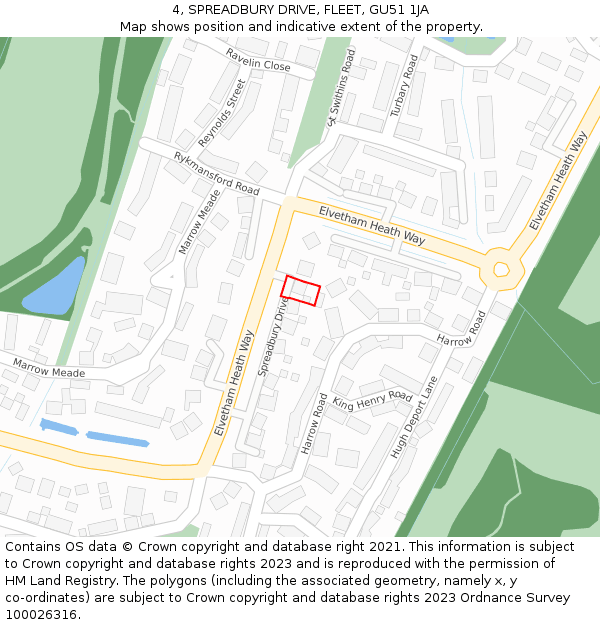 4, SPREADBURY DRIVE, FLEET, GU51 1JA: Location map and indicative extent of plot