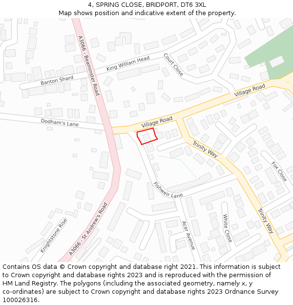 4, SPRING CLOSE, BRIDPORT, DT6 3XL: Location map and indicative extent of plot