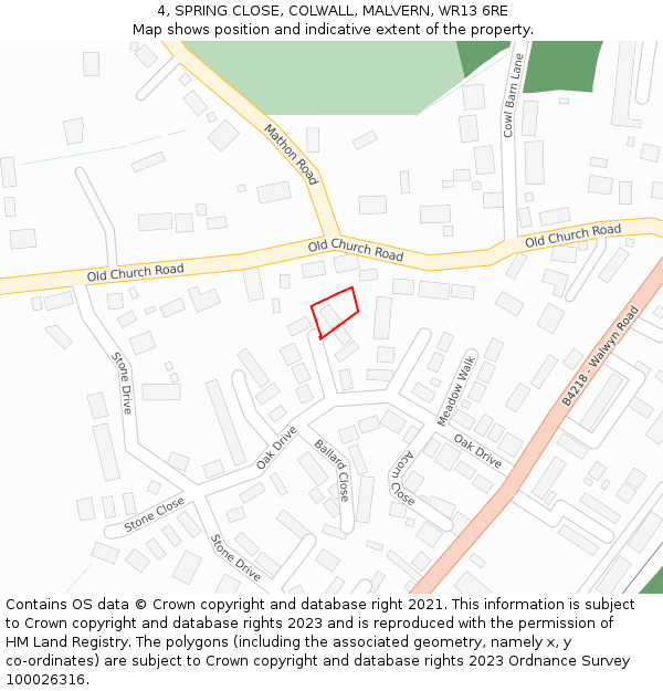 4, SPRING CLOSE, COLWALL, MALVERN, WR13 6RE: Location map and indicative extent of plot