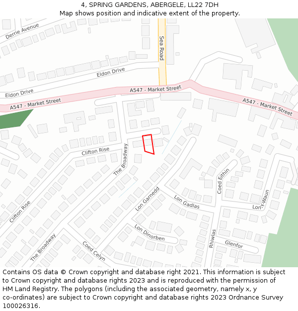 4, SPRING GARDENS, ABERGELE, LL22 7DH: Location map and indicative extent of plot