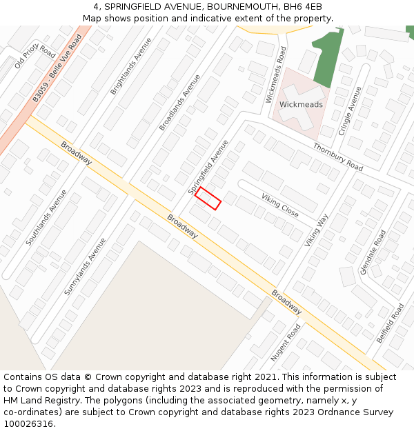 4, SPRINGFIELD AVENUE, BOURNEMOUTH, BH6 4EB: Location map and indicative extent of plot