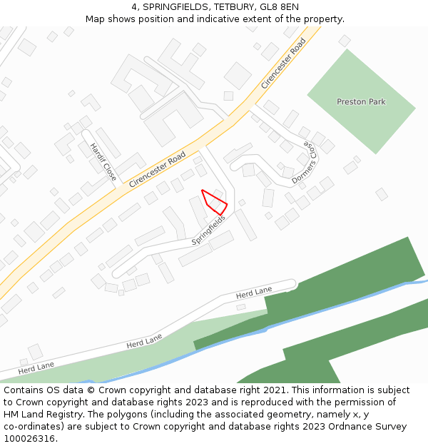 4, SPRINGFIELDS, TETBURY, GL8 8EN: Location map and indicative extent of plot