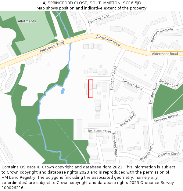 4, SPRINGFORD CLOSE, SOUTHAMPTON, SO16 5JD: Location map and indicative extent of plot