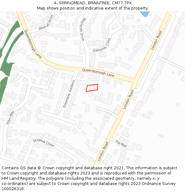 4, SPRINGMEAD, BRAINTREE, CM77 7PX: Location map and indicative extent of plot