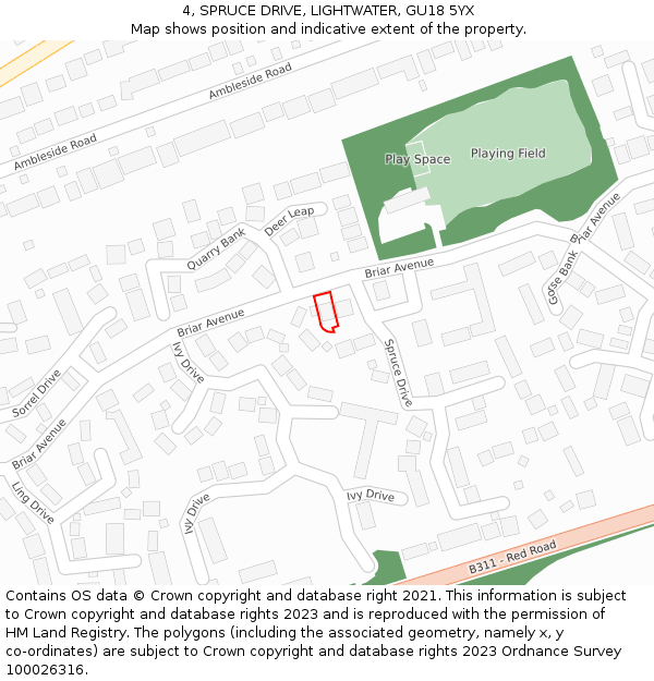 4, SPRUCE DRIVE, LIGHTWATER, GU18 5YX: Location map and indicative extent of plot