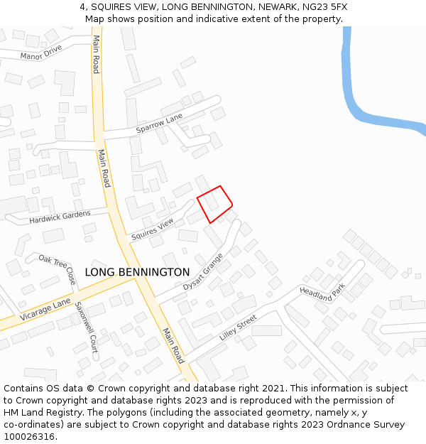 4, SQUIRES VIEW, LONG BENNINGTON, NEWARK, NG23 5FX: Location map and indicative extent of plot