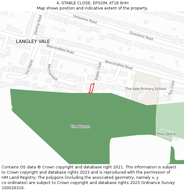 4, STABLE CLOSE, EPSOM, KT18 6HH: Location map and indicative extent of plot