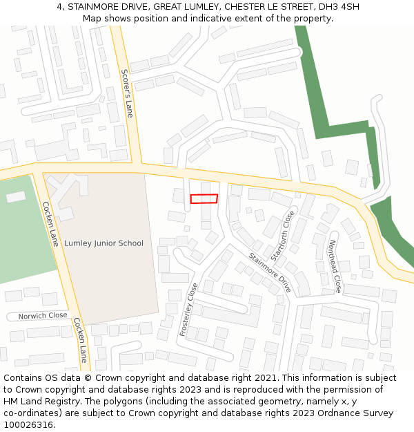 4, STAINMORE DRIVE, GREAT LUMLEY, CHESTER LE STREET, DH3 4SH: Location map and indicative extent of plot