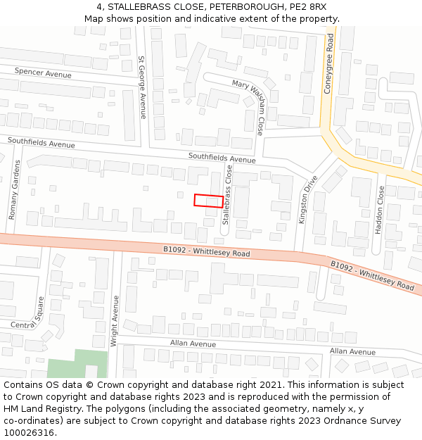 4, STALLEBRASS CLOSE, PETERBOROUGH, PE2 8RX: Location map and indicative extent of plot