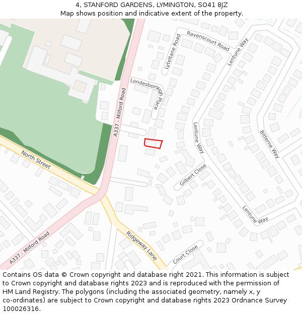 4, STANFORD GARDENS, LYMINGTON, SO41 8JZ: Location map and indicative extent of plot