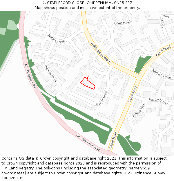 4, STAPLEFORD CLOSE, CHIPPENHAM, SN15 3FZ: Location map and indicative extent of plot