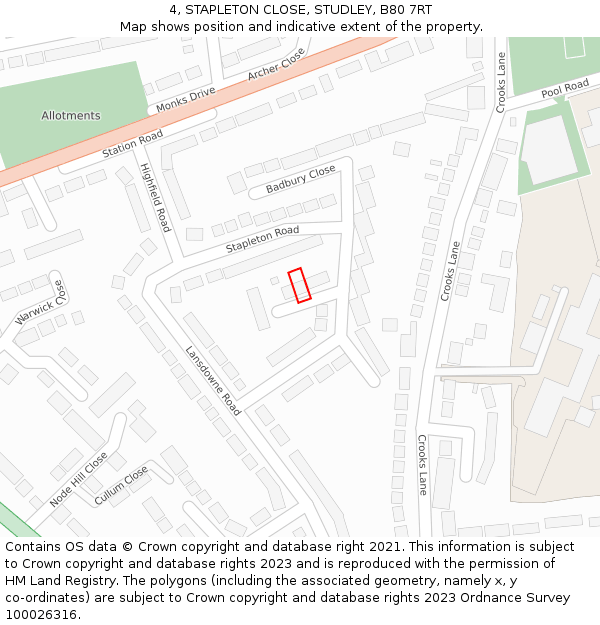 4, STAPLETON CLOSE, STUDLEY, B80 7RT: Location map and indicative extent of plot