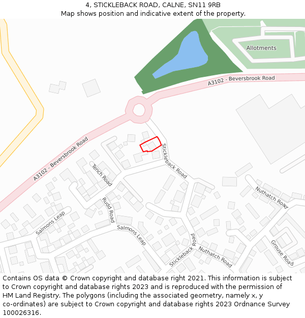 4, STICKLEBACK ROAD, CALNE, SN11 9RB: Location map and indicative extent of plot