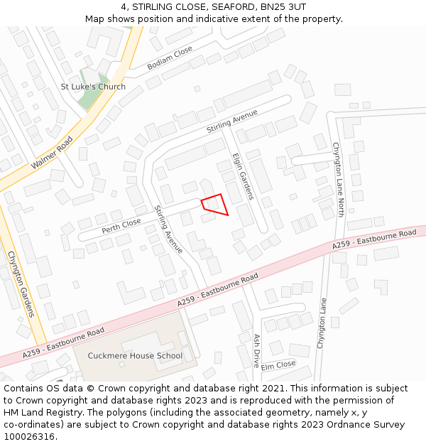 4, STIRLING CLOSE, SEAFORD, BN25 3UT: Location map and indicative extent of plot