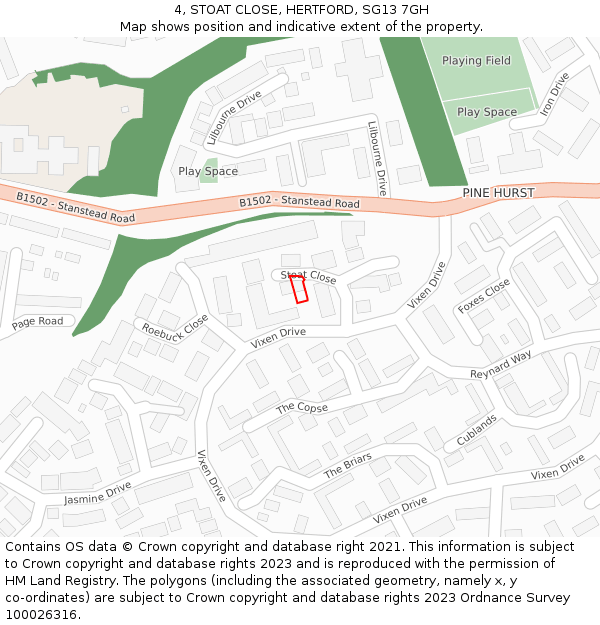 4, STOAT CLOSE, HERTFORD, SG13 7GH: Location map and indicative extent of plot