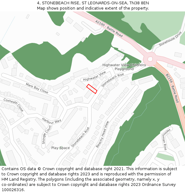 4, STONEBEACH RISE, ST LEONARDS-ON-SEA, TN38 8EN: Location map and indicative extent of plot