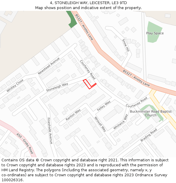 4, STONELEIGH WAY, LEICESTER, LE3 9TD: Location map and indicative extent of plot