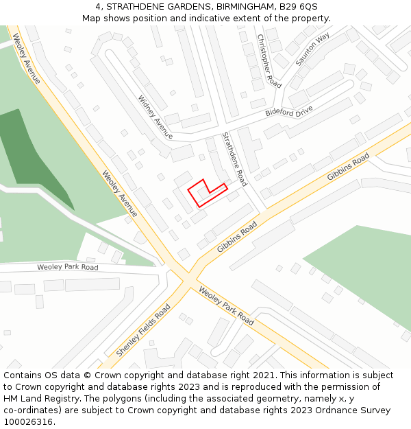 4, STRATHDENE GARDENS, BIRMINGHAM, B29 6QS: Location map and indicative extent of plot