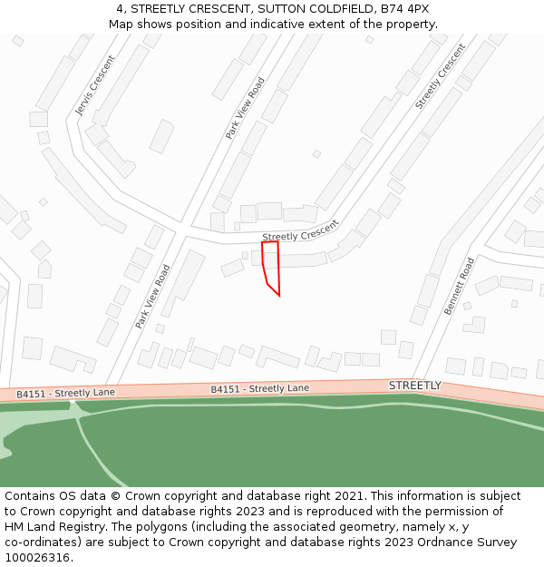 4, STREETLY CRESCENT, SUTTON COLDFIELD, B74 4PX: Location map and indicative extent of plot