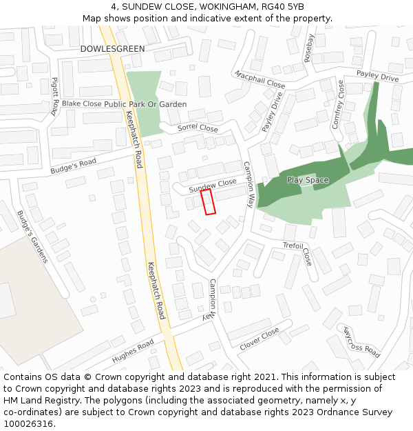 4, SUNDEW CLOSE, WOKINGHAM, RG40 5YB: Location map and indicative extent of plot