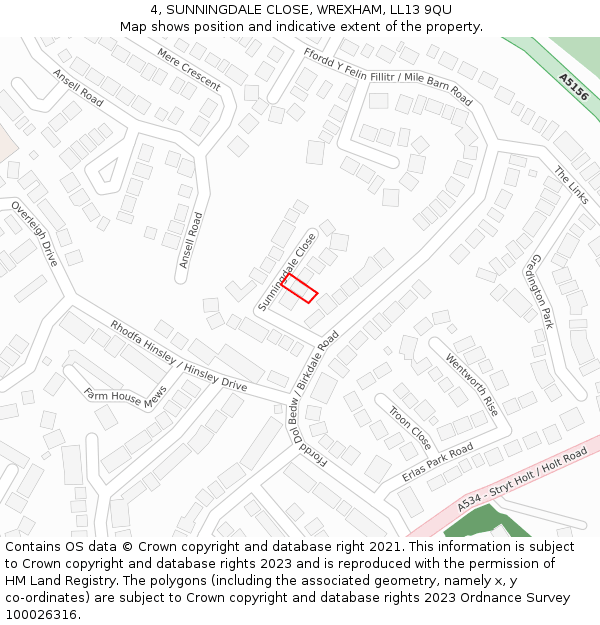 4, SUNNINGDALE CLOSE, WREXHAM, LL13 9QU: Location map and indicative extent of plot