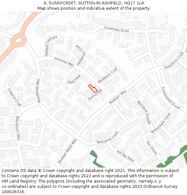 4, SUNNYCROFT, SUTTON-IN-ASHFIELD, NG17 1LA: Location map and indicative extent of plot