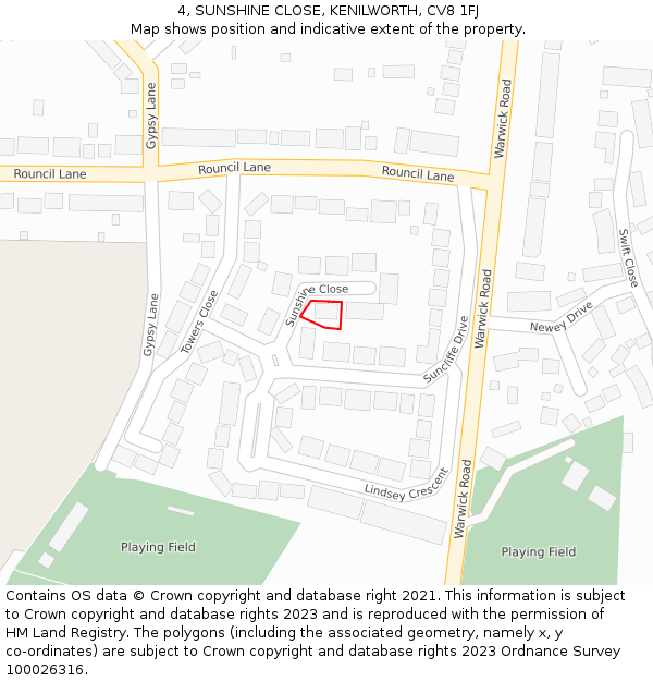 4, SUNSHINE CLOSE, KENILWORTH, CV8 1FJ: Location map and indicative extent of plot
