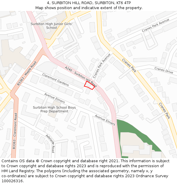 4, SURBITON HILL ROAD, SURBITON, KT6 4TP: Location map and indicative extent of plot