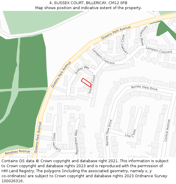 4, SUSSEX COURT, BILLERICAY, CM12 0FB: Location map and indicative extent of plot