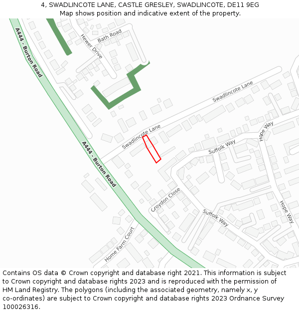 4, SWADLINCOTE LANE, CASTLE GRESLEY, SWADLINCOTE, DE11 9EG: Location map and indicative extent of plot