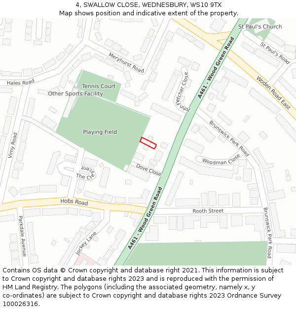 4, SWALLOW CLOSE, WEDNESBURY, WS10 9TX: Location map and indicative extent of plot