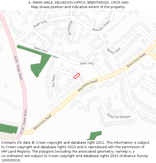 4, SWAN WALK, KELVEDON HATCH, BRENTWOOD, CM15 0AN: Location map and indicative extent of plot