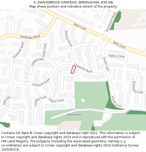 4, SWANSBROOK GARDENS, BIRMINGHAM, B38 0BJ: Location map and indicative extent of plot