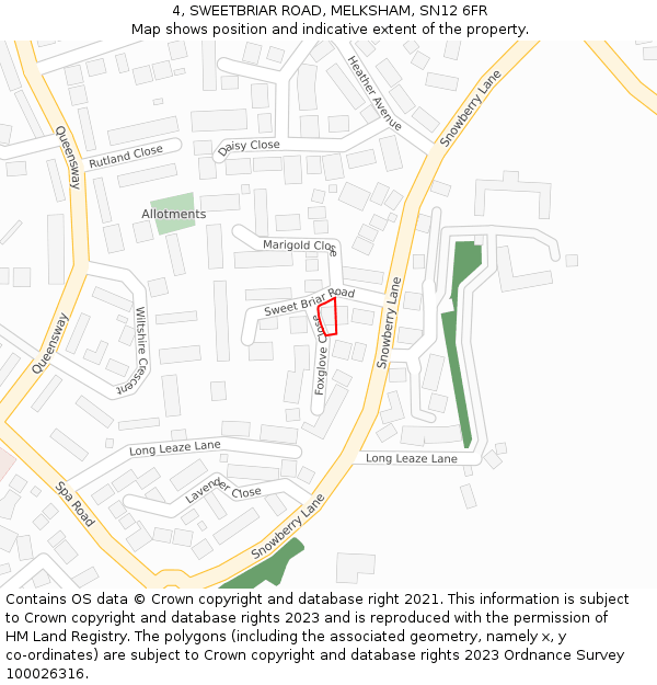 4, SWEETBRIAR ROAD, MELKSHAM, SN12 6FR: Location map and indicative extent of plot