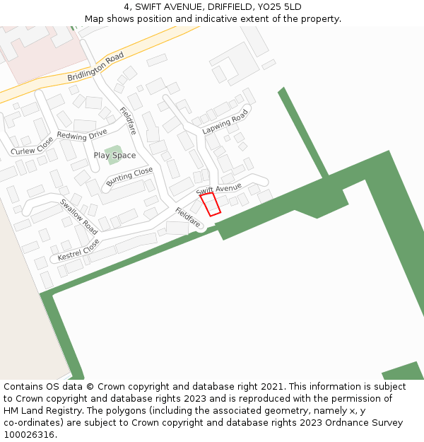 4, SWIFT AVENUE, DRIFFIELD, YO25 5LD: Location map and indicative extent of plot