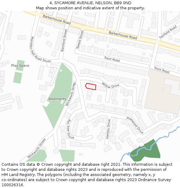 4, SYCAMORE AVENUE, NELSON, BB9 0ND: Location map and indicative extent of plot