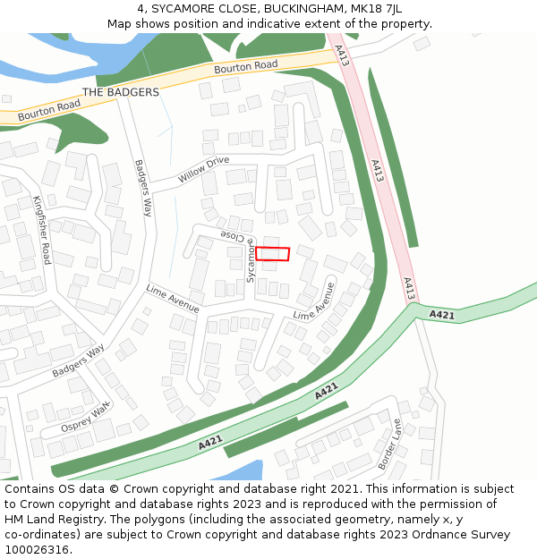 4, SYCAMORE CLOSE, BUCKINGHAM, MK18 7JL: Location map and indicative extent of plot