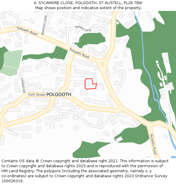4, SYCAMORE CLOSE, POLGOOTH, ST AUSTELL, PL26 7BW: Location map and indicative extent of plot