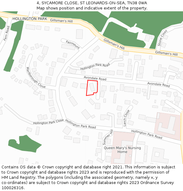 4, SYCAMORE CLOSE, ST LEONARDS-ON-SEA, TN38 0WA: Location map and indicative extent of plot