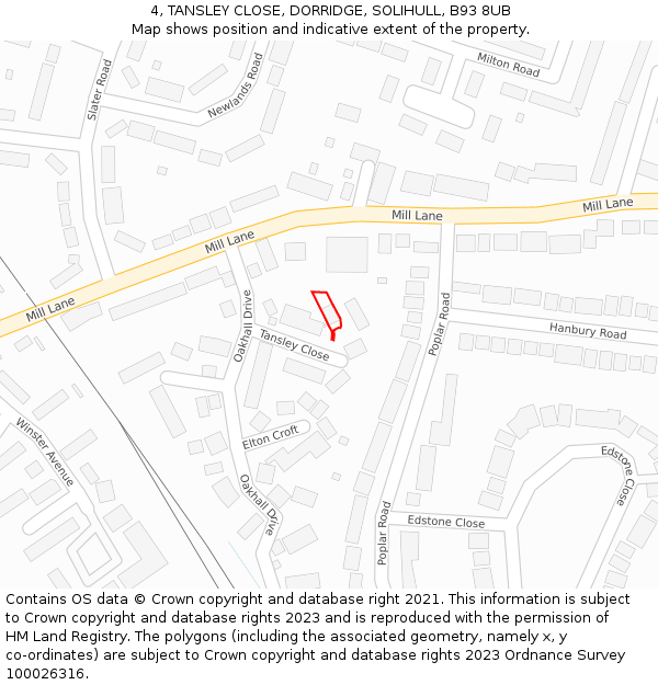 4, TANSLEY CLOSE, DORRIDGE, SOLIHULL, B93 8UB: Location map and indicative extent of plot