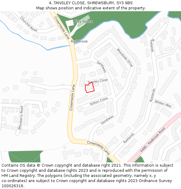 4, TANSLEY CLOSE, SHREWSBURY, SY3 9BS: Location map and indicative extent of plot