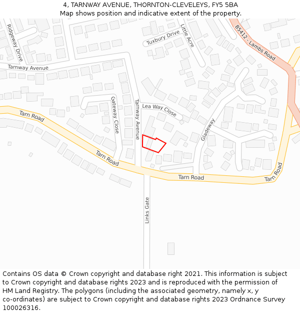 4, TARNWAY AVENUE, THORNTON-CLEVELEYS, FY5 5BA: Location map and indicative extent of plot