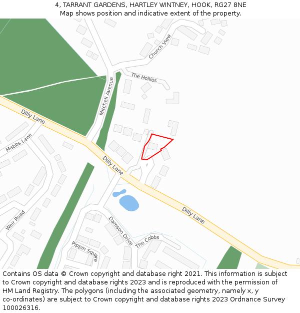 4, TARRANT GARDENS, HARTLEY WINTNEY, HOOK, RG27 8NE: Location map and indicative extent of plot