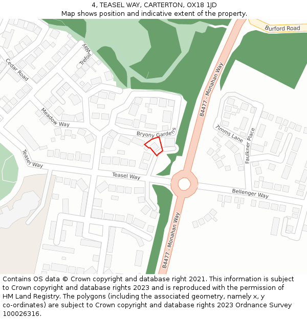 4, TEASEL WAY, CARTERTON, OX18 1JD: Location map and indicative extent of plot